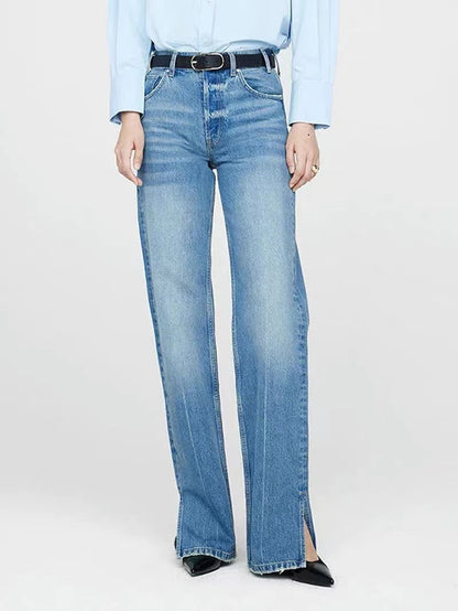 Jean droit femme taille moyenne bleu nordique avec patte de boutonnage