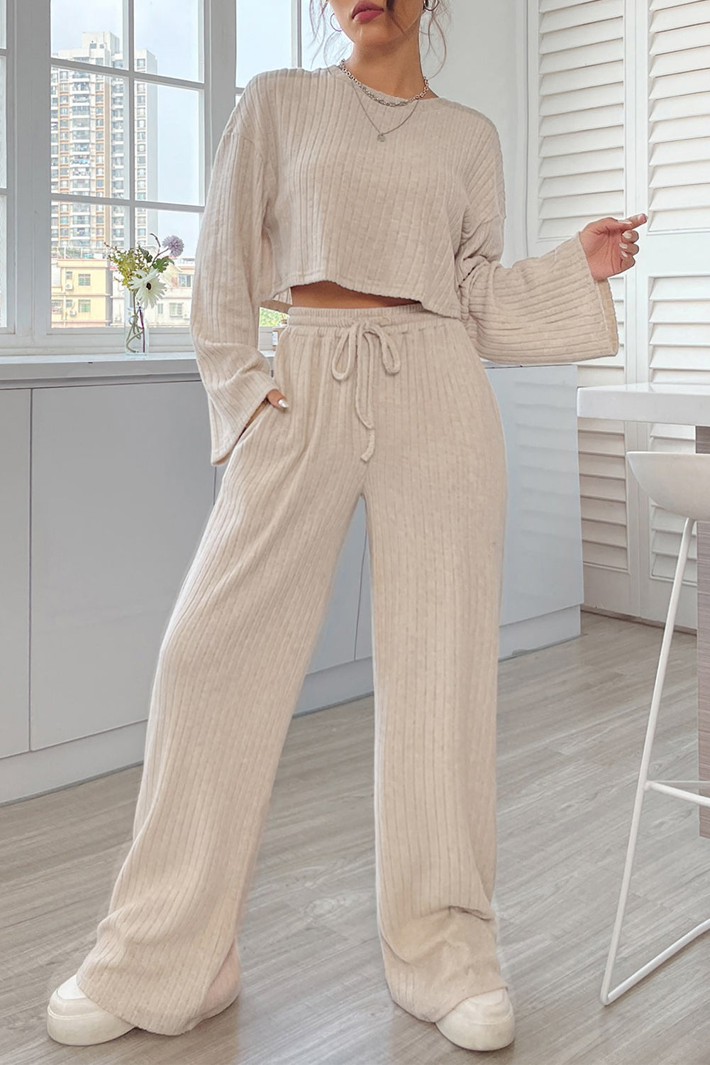 Khaki Ribbed Long Sleeve Crop Top & Drawstring Pants Set