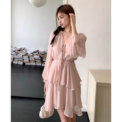 Women's V-neck Lace-up Long Sleeve Elegant Lantern Sleeve Dress