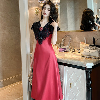 Women's Satin Lace Stitching Ruffle Sleeve Dress