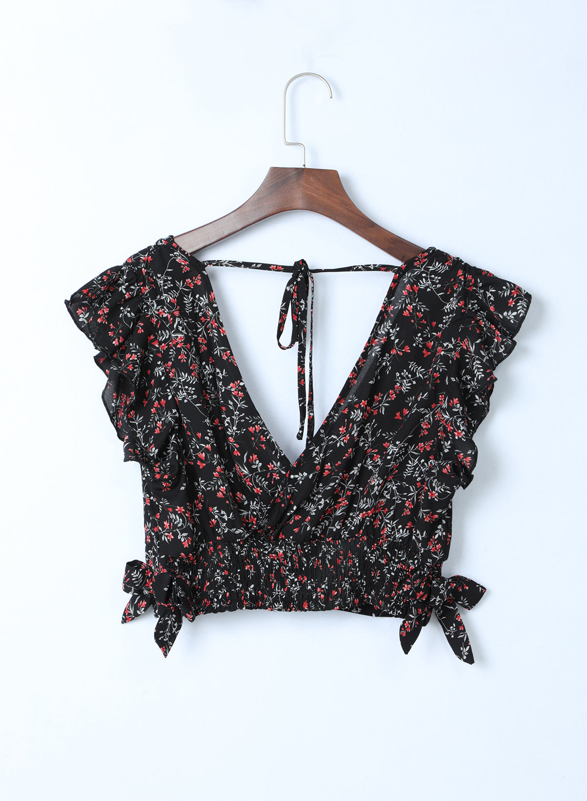 Conjunto de falda larga y top corto con volantes florales multicolor negro