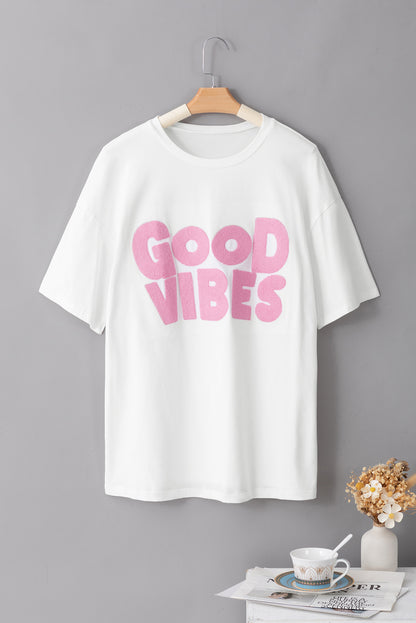 T-shirt blanc à col rond brodé en chenille GOOD VIBES