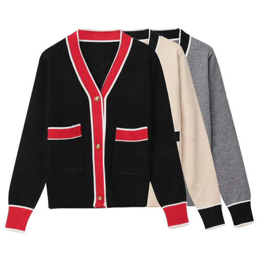 Cardigan tricoté Simple pour femmes, couleur contrastée, col en v, pull ample, manteau