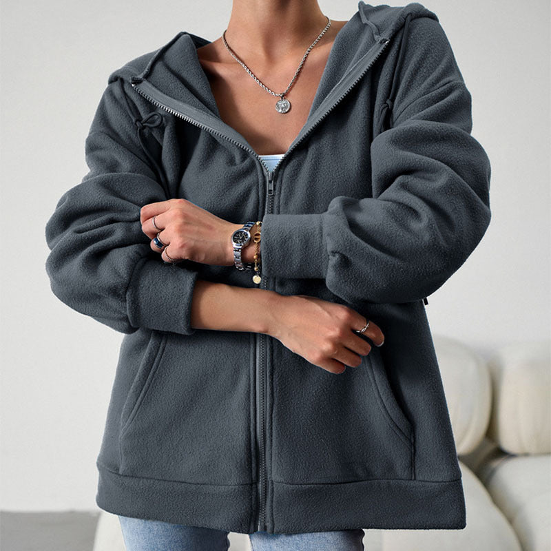 Casual Fashion Hooded Cardigan Jacket With Pockets Winter And Autumn Loose Sports Coat Women Solid Outwear Clothing