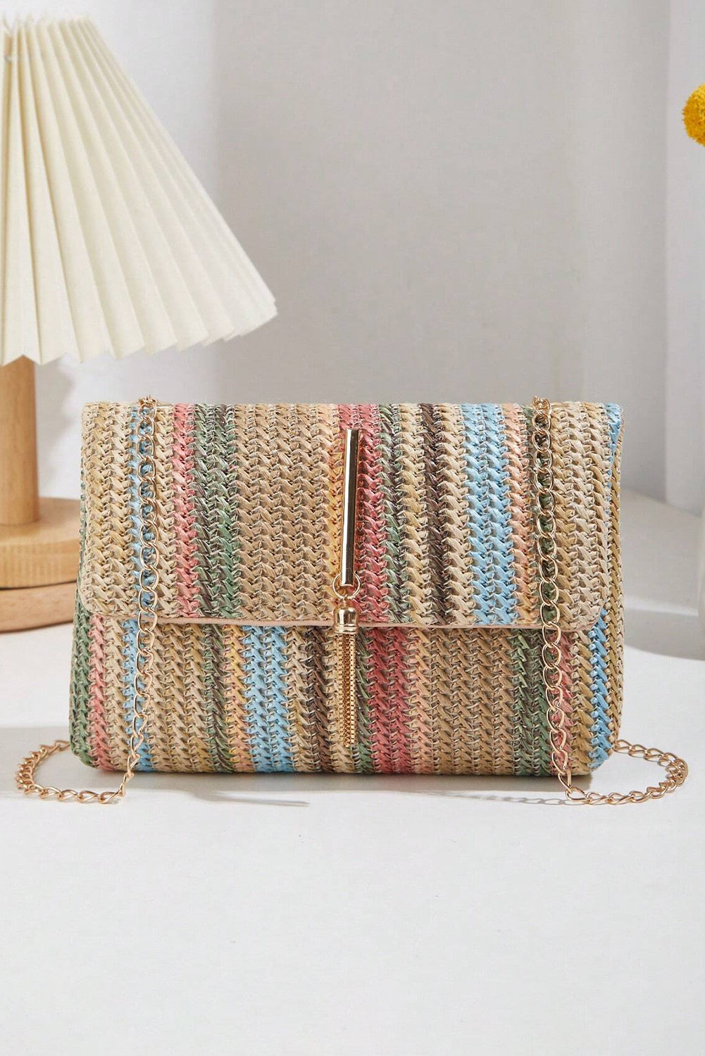 Apricot Striped Crochet Flapped Shoulder Bag