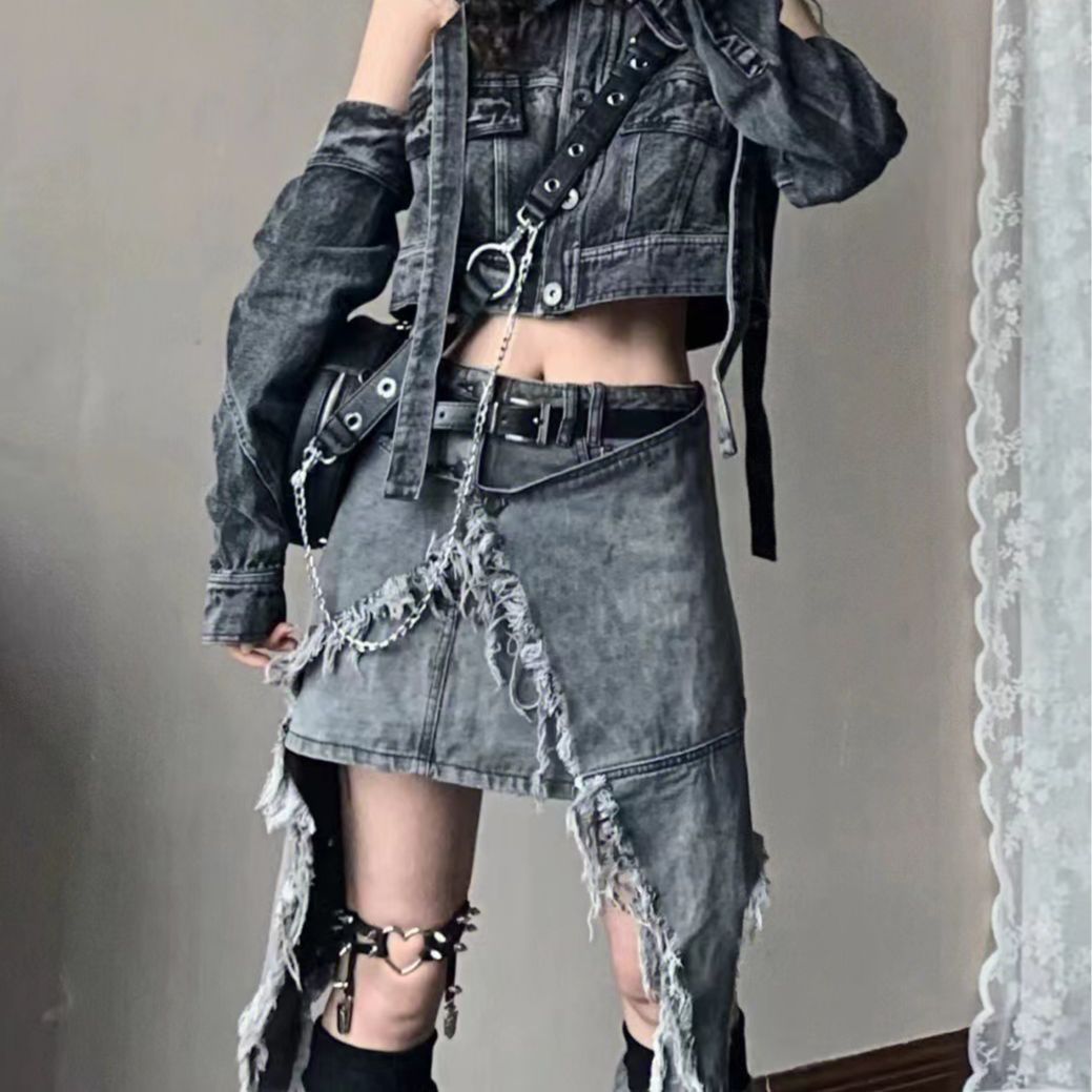 Culture asiatique Y2g Hot Girl Denim jupe taille haute irrégulière gris fumé