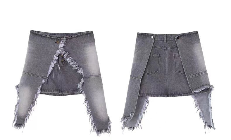 Culture asiatique Y2g Hot Girl Denim jupe taille haute irrégulière gris fumé