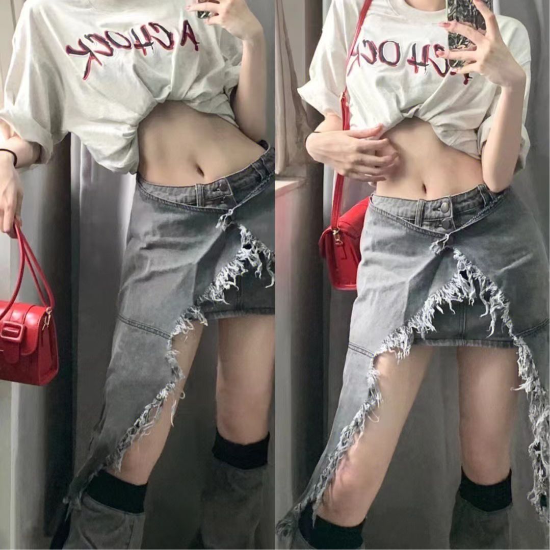 Culture asiatique Y2g Hot Girl Denim jupe taille haute irrégulière gris fumé