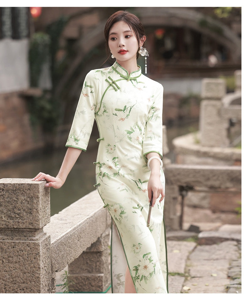 Suzhou – Cheongsam élégant en daim de haute qualité, manches trois-quarts, rétro, Style républicain chinois