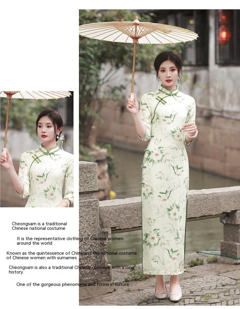 Suzhou – Cheongsam élégant en daim de haute qualité, manches trois-quarts, rétro, Style républicain chinois