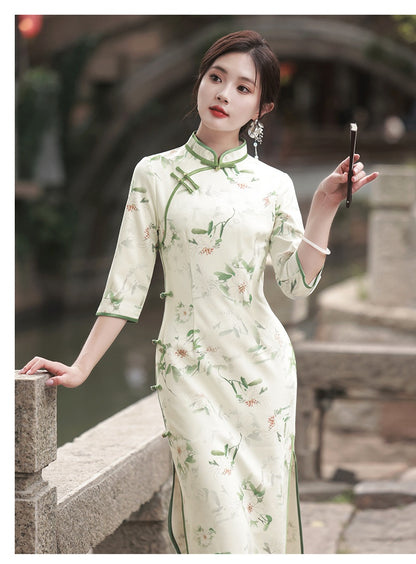 Suzhou – Cheongsam élégant en daim de haute qualité, manches trois-quarts, rétro, Style républicain chinois