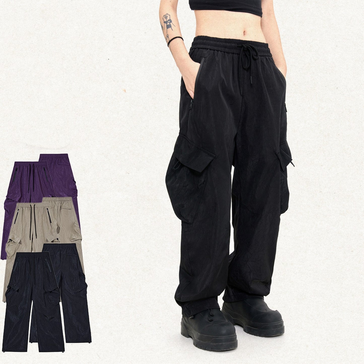 Vintage Crumpled Texture Loose Casual Paratrooper Pants Trousers