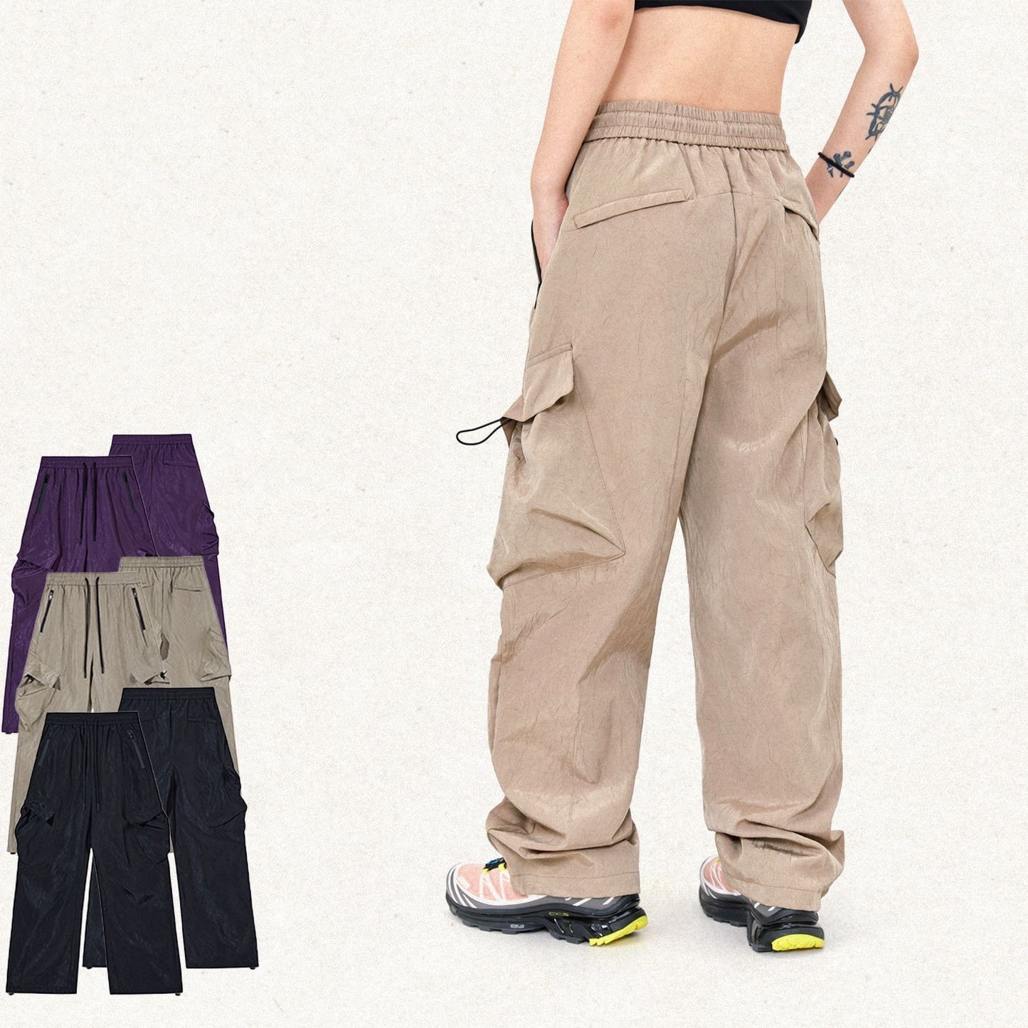 Vintage Crumpled Texture Loose Casual Paratrooper Pants Trousers