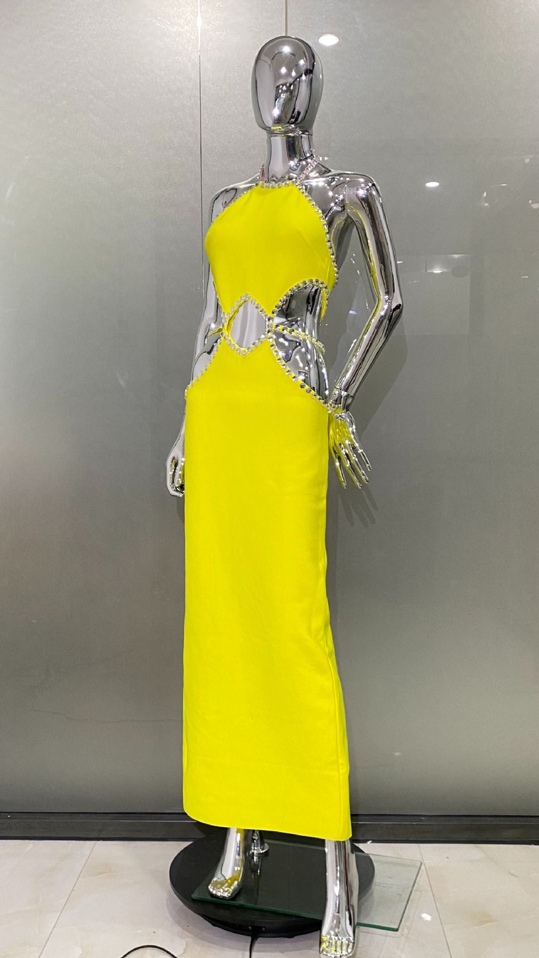 Hollow Rhinestone Edge Hanging Neck Lemon Yellow Dress