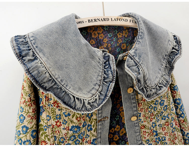 Spring New Super Nice Jacquard Long Sleeve Doll Collar Denim Coat For Women