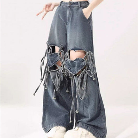 Women's High Waist Love Strap Design Jeans