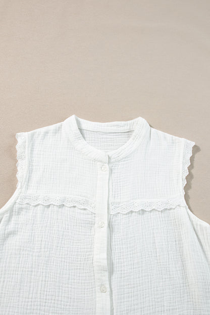 White Lace Trim Crinkle Knot Hem Sleeveless Shirt