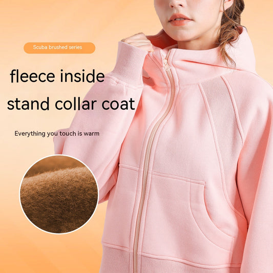 Fleece-lined Yoga Clothes Hooded Sweater Loose Thick Casual Zipper Sports Top