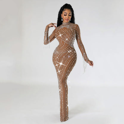 Women's Mesh Rhinestone Long Dress