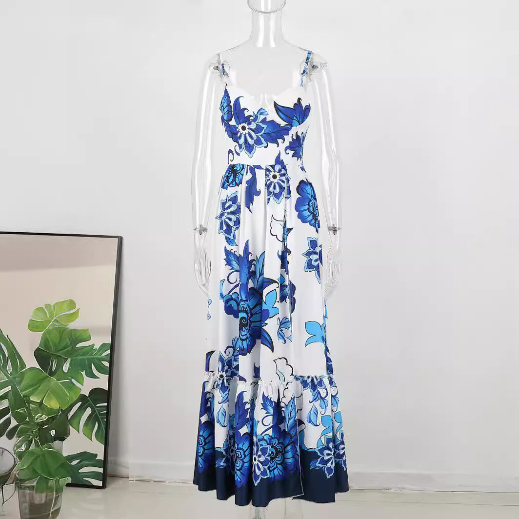 Vestido largo con tirantes y estampado azul de moda para mujer