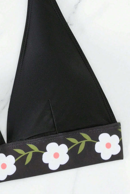 Traje de baño bikini halter con banda floral negro