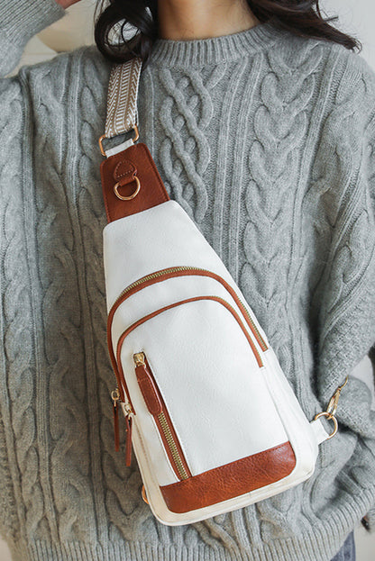 Sac à bandoulière zippé en cuir PU contraste vintage blanc