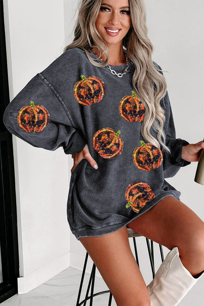 Sudadera holgada con cordones y estampado de Jack O Lantern con lentejuelas gris