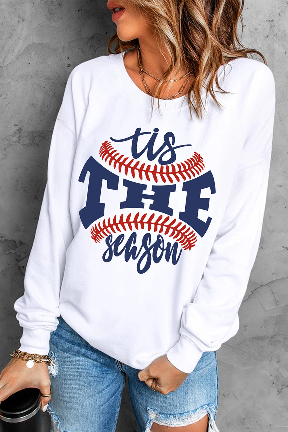 Sudadera casual con estampado de letras y gráfico de béisbol blanco