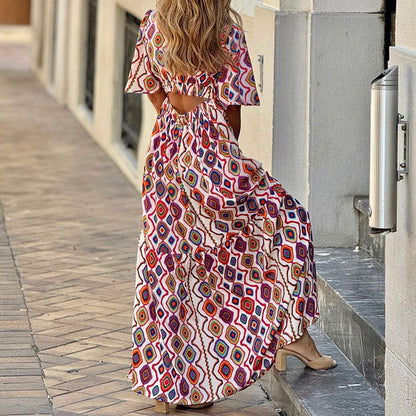 Robe mi-longue bohème à imprimé tendance et col en V