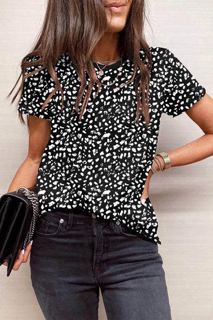 Apricot Cheetah Print O-neck Short Sleeve T Shirt