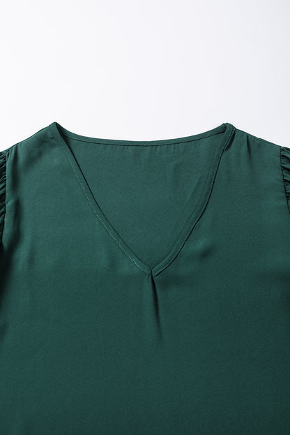 Blusa plisada con cuello en V y mangas acampanadas 3/4 verde negruzco