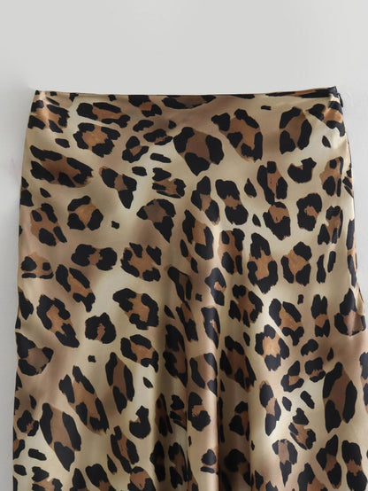 Silk Satin Leopard Print Skirt