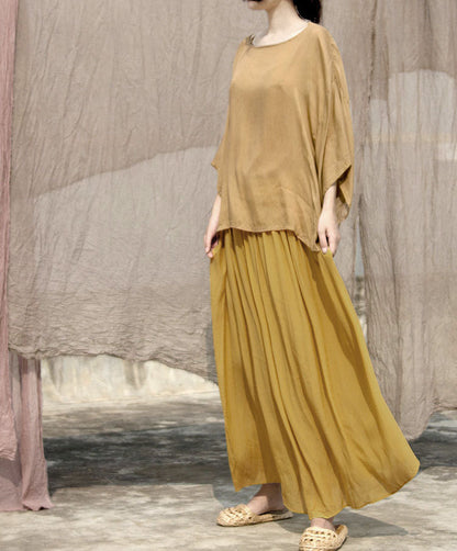 Elastic Waist Large Hem Draping Turmeric Crepe De Chine Skirt