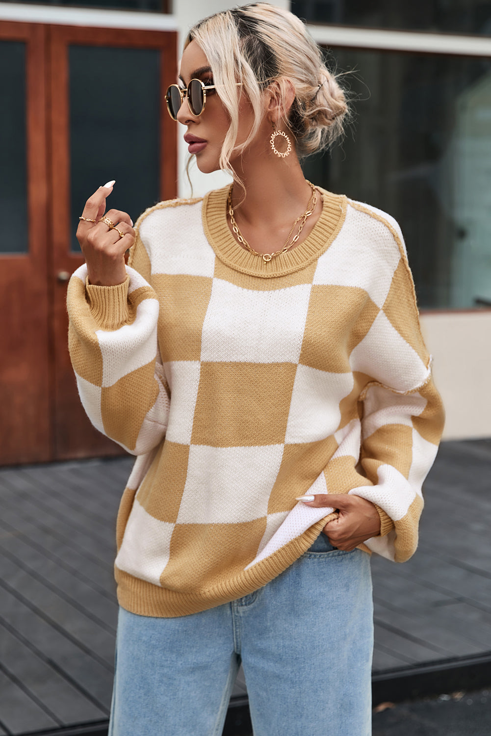 Orange Checkered Bishop Sleeve Sweater