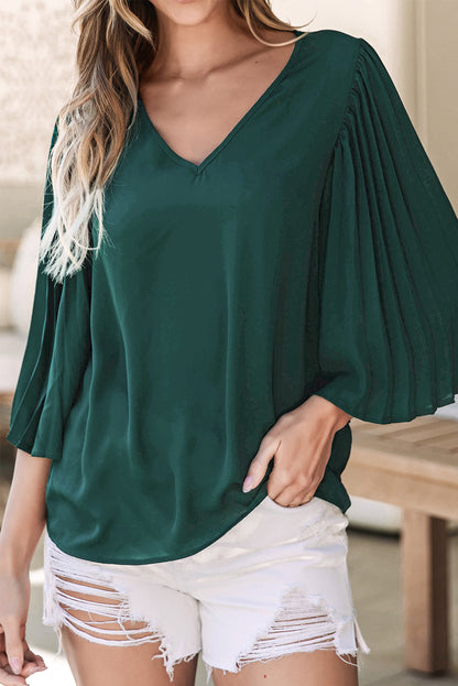 Blusa plisada con cuello en V y mangas acampanadas 3/4 verde negruzco