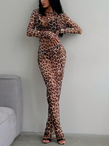 Sexy Wild Leopard Print Long Dress Round Neck Long Sleeve