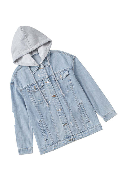 Veste en jean à capuche déchirée et fermeture boutonnée bleu ciel