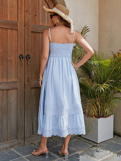 Women's Cotton Maxi Dress - Breathable Summer Dress With Embroidered Hem, Elastic Waist, And French Romantic Style