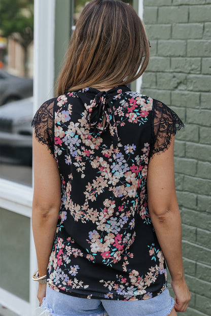 Black Dainty Floral Print Lace Sleeve Blouse