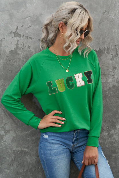 Green St Patricks LUCKY Chenille Letter Graphic Sweatshirt