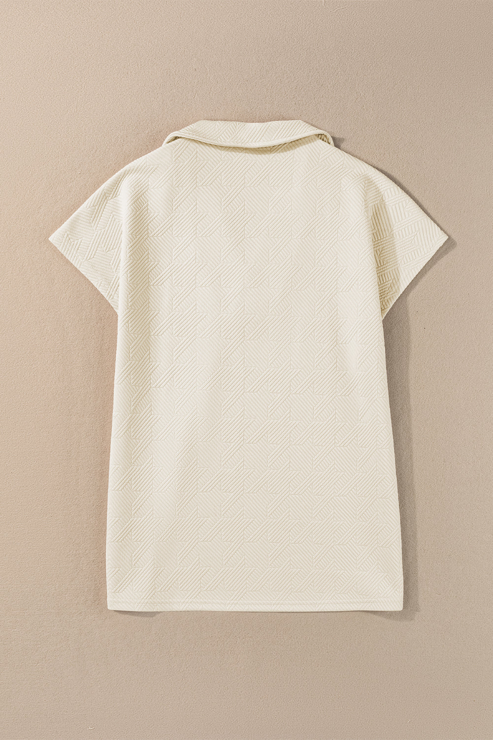 White Textured V Neck Collared Short Sleeve Top