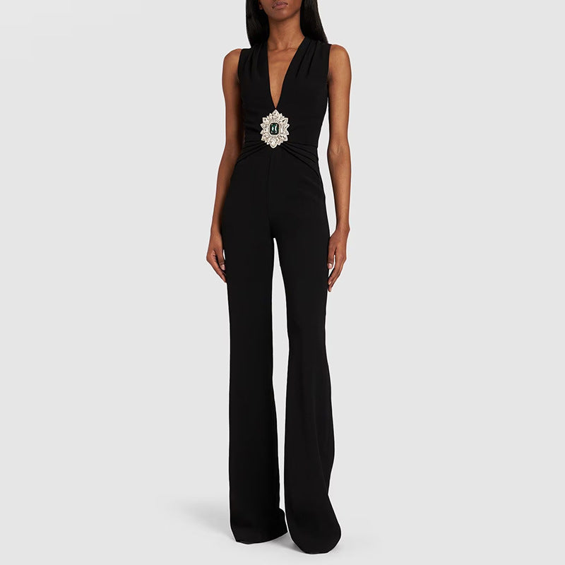 European And American Diamond Beaded V-neck Sleeveless Jumpsuit