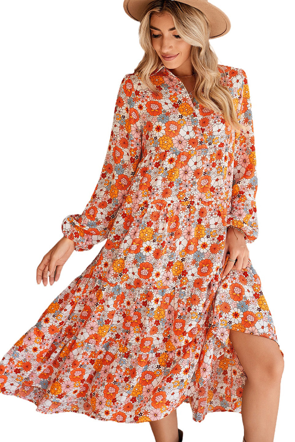 Multicolor Boho Floral Collared Long Sleeve Dress