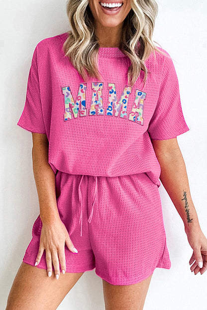 Rose Red Waffle MAMA Graphic Tee & Drawstring Shorts Set