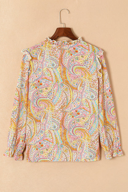 Yellow Paisley Print Ruffled Trim Boho Shirt