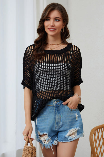 Apricot Fishnet Knit Ribbed Round Neck Short Sleeve Sweater Tee