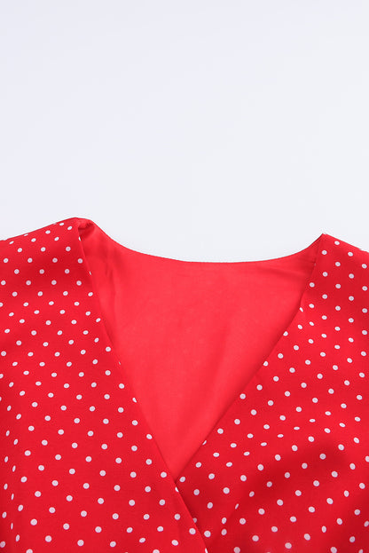 Fiery Red Polka Dot V Neck Ruffle Sleeve Dress