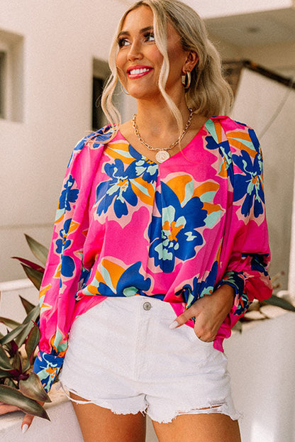 Black Flower Print Puff Sleeve Blouse