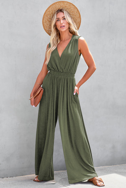 Black Deep V Pocketed Pleated Wide Leg Jumpsuit