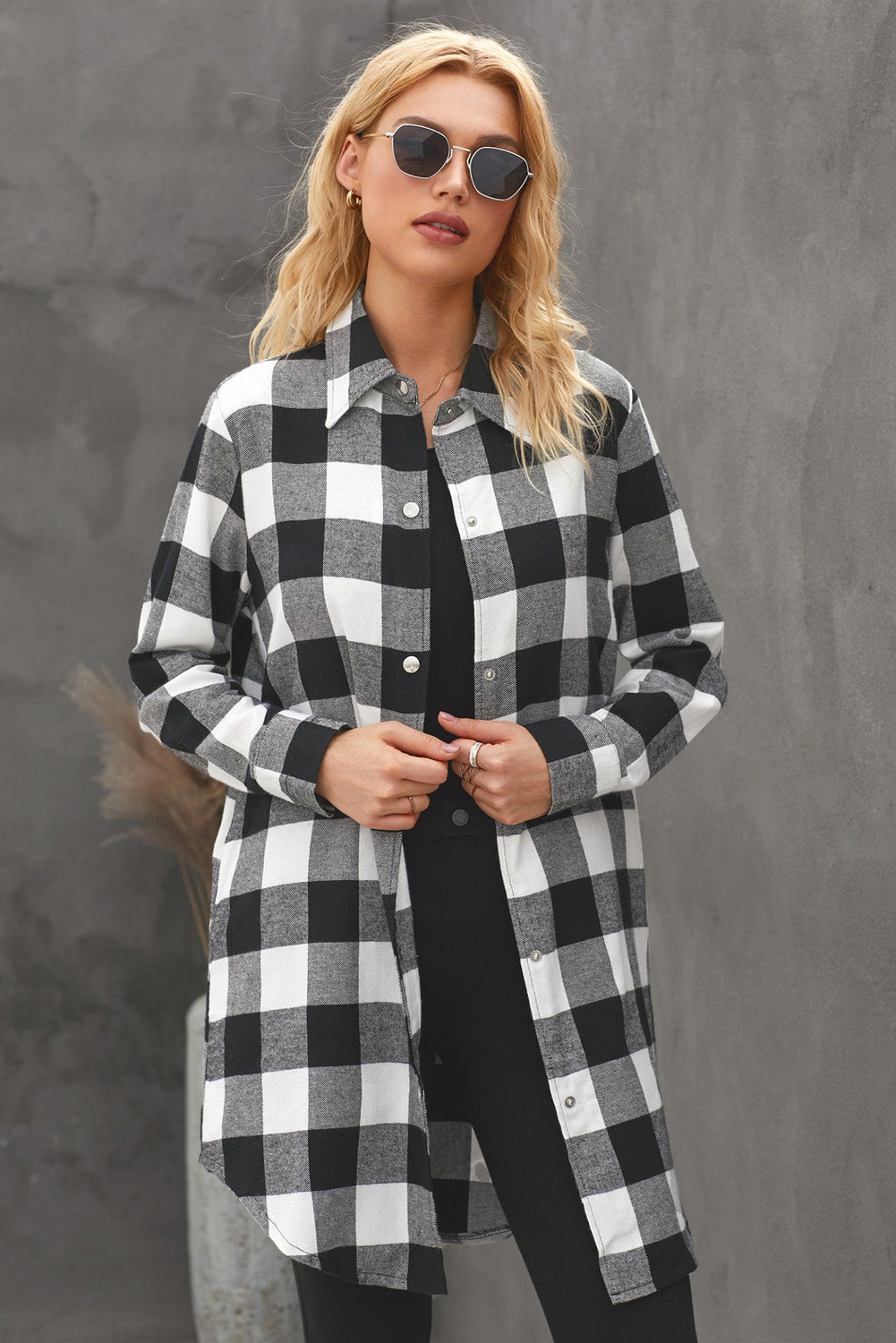 Green Turn-down Collar Plaid Shirt Coat